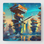 未来型ディストピア都市AIが生成絵画した スクエア壁時計 (正面)