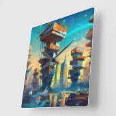 未来型ディストピア都市AIが生成絵画した スクエア壁時計 (傾斜)