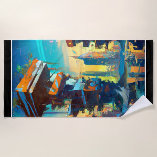 未来型ディストピア都市AIが生成絵画した ビーチタオル (正面)