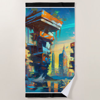 未来型ディストピア都市AIが生成絵画した ビーチタオル