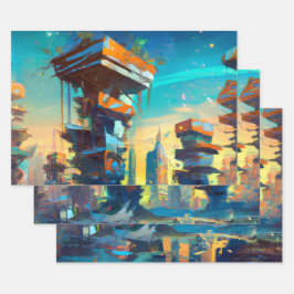 未来型ディストピア都市AIが生成絵画した ラッピングペーパーシート