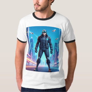 未来的なアニメのサイバーパンクヒーローがネオンの街に立つ Tシャツ