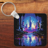 未来的なサイバーパンクシティスカイライン キーホルダー (正面)