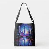 未来的なサイバーパンクシティスカイライン クロスボディバッグ (裏面)