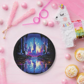 未来的なサイバーパンクシティスカイライン ペーパープレート (パーティー)