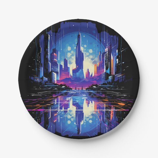 未来的なサイバーパンクシティスカイライン ペーパープレート (正面)