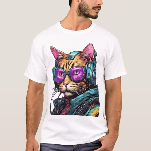 未来的なサイバーパンク猫 Tシャツ (正面)