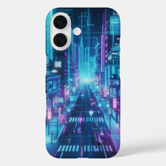 未来的なネオンの街並み iPhone 16ケース