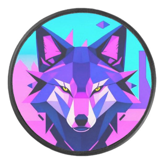 未来的なネオンウルフ顔in幾何学芸術 アイスホッケーパック (正面)