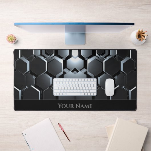 未来的なネオン白熱［赤熱］光を放つブラック六角形 デスクマット (オフィス1)