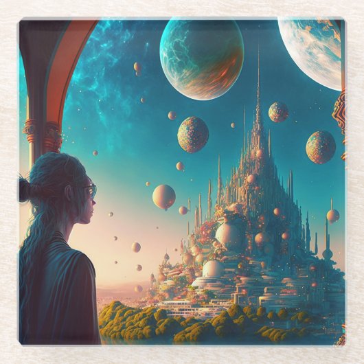 未来的なファンタジー城景観ガラスコースター ガラスコースター (正面)