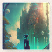 未来的なファンタジー城景観 ガラスコースター (正面)