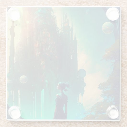 未来的なファンタジー城景観 ガラスコースター (裏面)