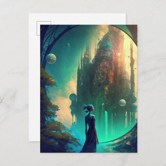 未来的なファンタジー城景観 ポストカード (正面/裏面)