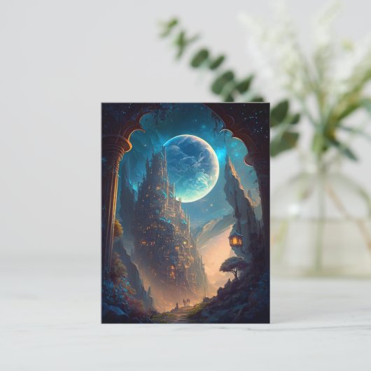 未来的なファンタジー城景観 ポストカード (スタンド正面)