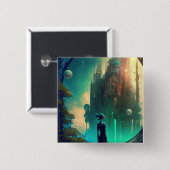 未来的なファンタジー城景観 缶バッジ (正面&裏面)