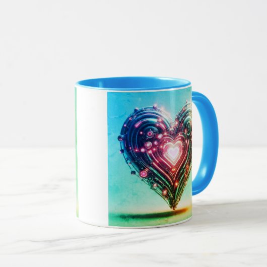 未来的なモダング白熱［赤熱］光を放つリーンとピンクのハート マグカップ (正面右)