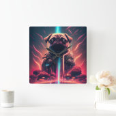 未来的なロボットのコスチュームで愛らしいパグ スクエア壁時計 (ホーム)