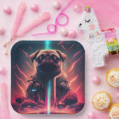 未来的なロボットのコスチュームで愛らしいパグ ペーパープレート (パーティー)