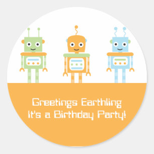 未来的なロボット少年の誕生日パーティーのシール ラウンドシール