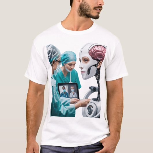「未来的な医療：精神と機械の融合 Tシャツ (正面)