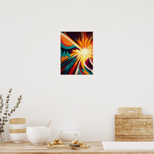 未来的な地球と太陽の線アートレトロウォールアート ポスター (キッチン)