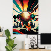 未来的な地球と太陽の線アートレトロウォールアート ポスター (ホームオフィス)