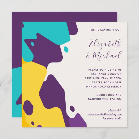 未来的な抽象的なバーガンディとターコイズのウェディング招待状 (正面/裏面)