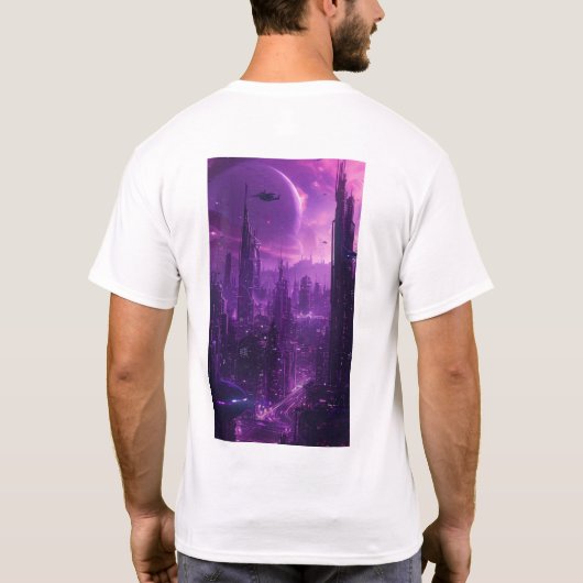 未来的な紫の街並み | 都市Sci-Fiグラフィック Tシャツ (裏面)