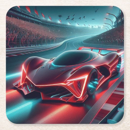 未来的な自動車のデジタルレンダリング スクエアペーパーコースター (正面)