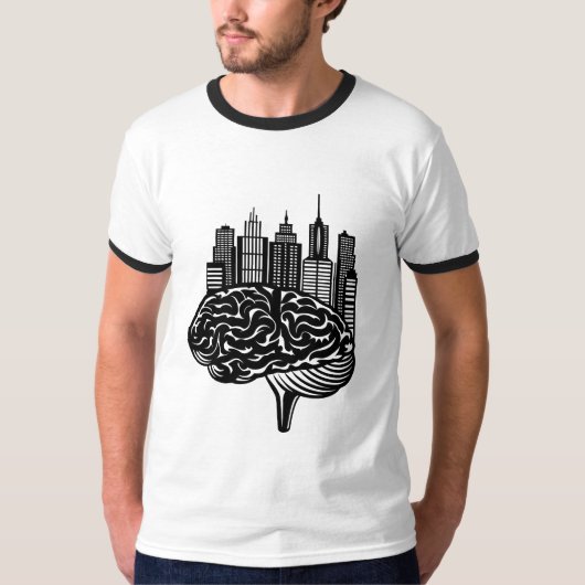 未来的な街に変わる人間の脳 Tシャツ (正面)