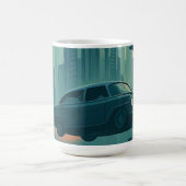 「未来的な街並み車飛んでいる車 – レトロ コーヒーマグカップ (中央)