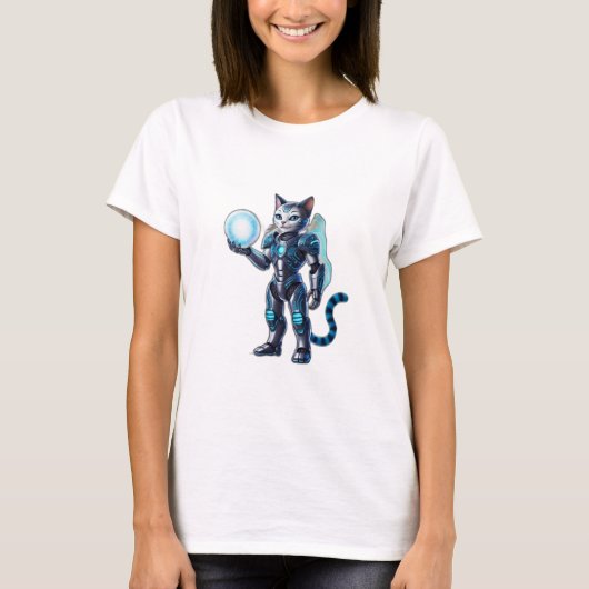 未来的な装甲を持つロボット猫 Tシャツ (正面)