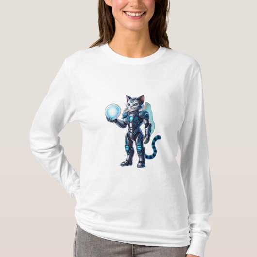 未来的な装甲を持つロボット猫 Tシャツ (正面)