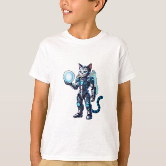 未来的な装甲を持つロボット猫 Tシャツ (正面)