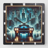 未来的な都市のマッスルカーナイトライト スクエア壁時計 (正面)