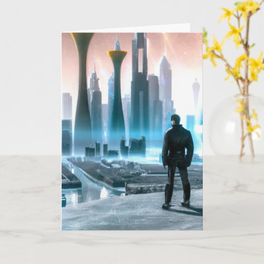 未来的な都市を見つめる男性誕生日カード カード (黄色い花)