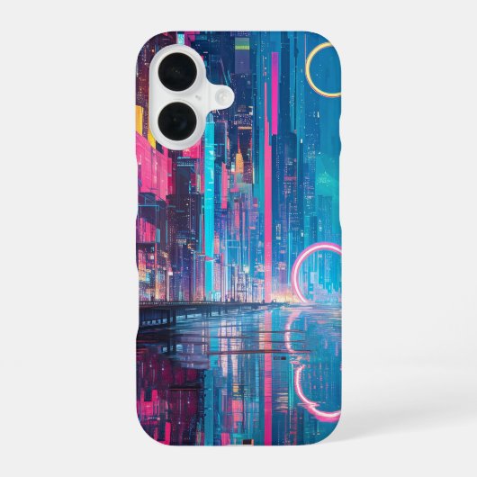 未来的な鮮やかなネオンの夜の都市景観 iPhone 16ケース (裏面)