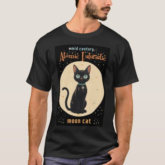 未来的な黒猫と月+テキスト Tシャツ (正面)