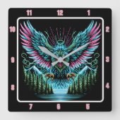 未来的な《鳥》ハヤブサネオン幻想効果 スクエア壁時計 (正面)