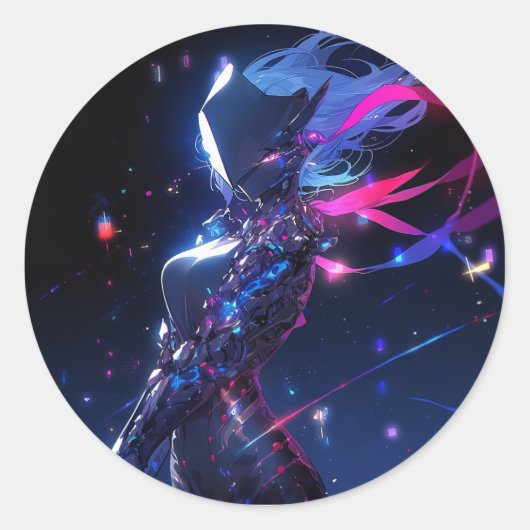 未来的なSFサイバー戦士アニメガール ラウンドシール (正面)