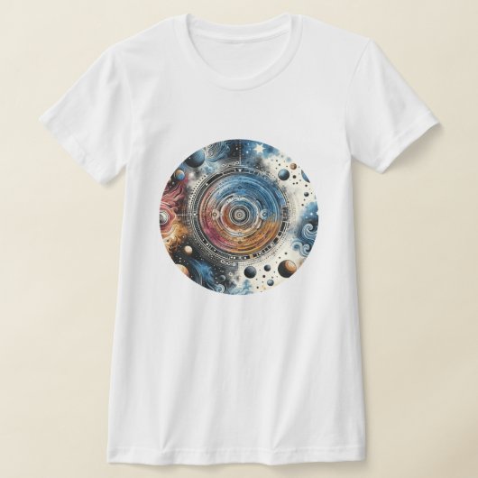 未来的ろうけつ染めコズミックアート – 宇宙デザイン Tシャツ (レイダウン)