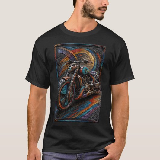 未来的カスタムバイク – 3Dマイクロモザイク Tシャツ (正面)