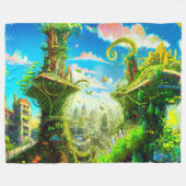未来的カラフル植物都市AIがアートを生み出す フリースブランケット (正面(横))