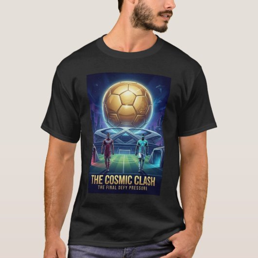 未来的サッカー試合ゴールデンボールポスター Tシャツ (正面)