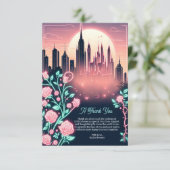 未来的ネオンシティとバラの幻想的な魅力が融合した、エレクトリックローズのウェディングシャワーデザイン サンキューカード (スタンド正面)