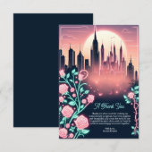 未来的ネオンシティとバラの幻想的な魅力が融合した、エレクトリックローズのウェディングシャワーデザイン サンキューカード (正面/裏面)