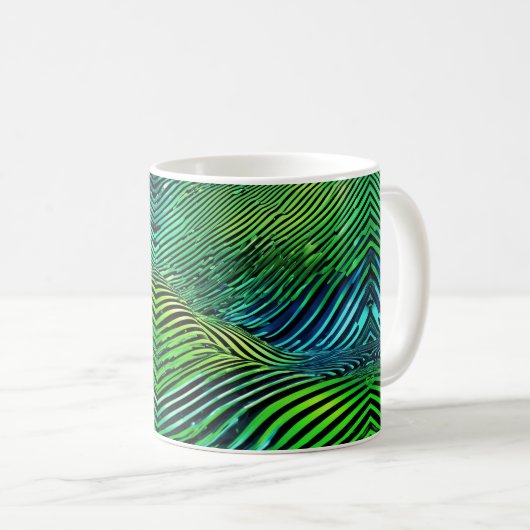 未来的ネオン グリーン ストライプ コーヒーマグカップ (正面右)