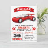 未来的モダンな赤スポーツカーバースデーパーティー 招待状 (スタンド正面)