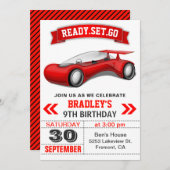 未来的モダンな赤スポーツカーバースデーパーティー 招待状 (正面/裏面)